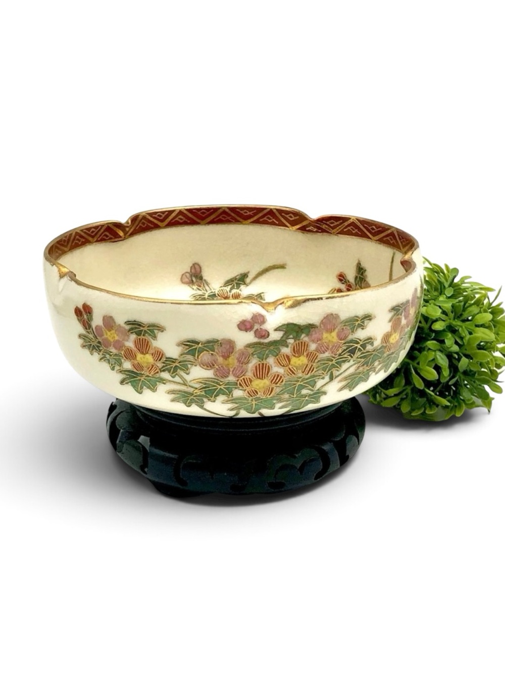 Antique Japanese Satsuma Lobed Bowl Signed Shuzan Meiji Period Birds and Flowers